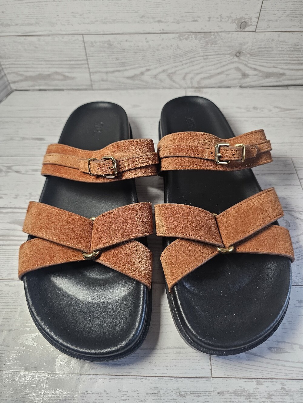 ZARA Tan Faux Suede Buckle Double Strap Slide Sandals Women's Size 39 /US 8 NWOT